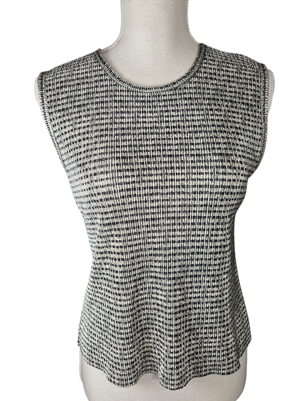 Plisse Sleeveless Blouse Medium Green & Black Checkered -Accordion Pleats